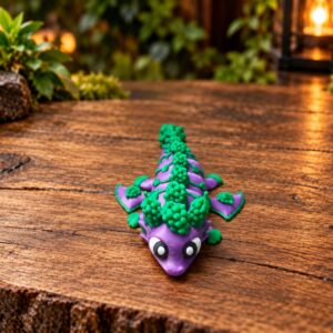 Wintauben Flüge Drache in Lila und Grün, Vorderansicht auf einer Holzplatte