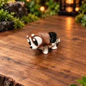Doggi – braun-schwarz-weiße Hundefigur mit großen Augen und Schlappohren, Vorderansicht